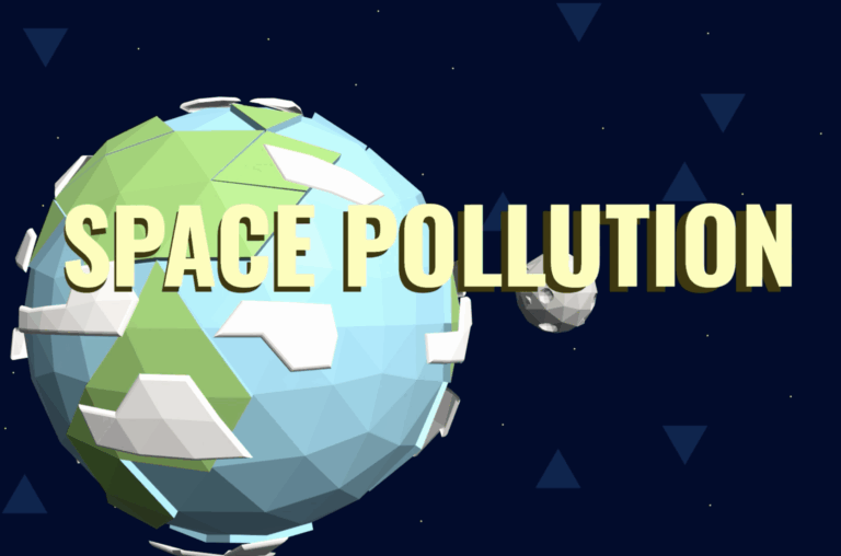 low poly earth, satellite, & moon with a space pollution titlecard